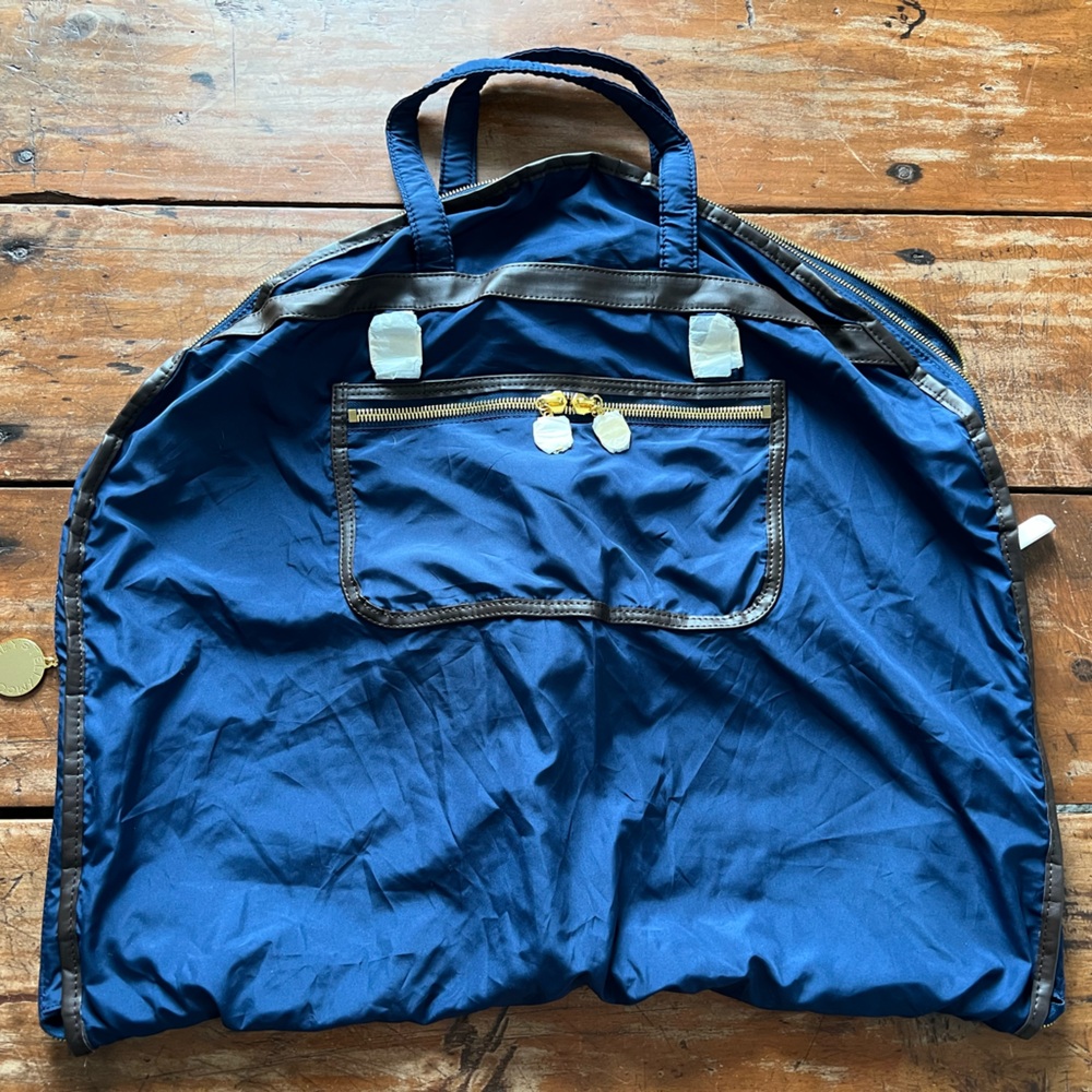 Stella McCartney Gold and Blue Travel Garment Bag with Leather Trim.  New!!